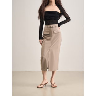 LANVIVIER 复古时髦都市感腰带设计高腰包臀后开叉百搭半身裙新款