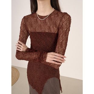 圆领长款 立体蕾丝花弹力修身 叠搭上衣 纯欲系性感唯美 LANVIVIER