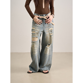 新款 LANVIVIER 先锋废土风做旧破洞脏染猫须水洗阔腿设计感牛仔裤