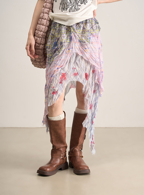 LANVIVIER 流落街头艺术画家春日秋游  多层次拼接不规则印花半裙