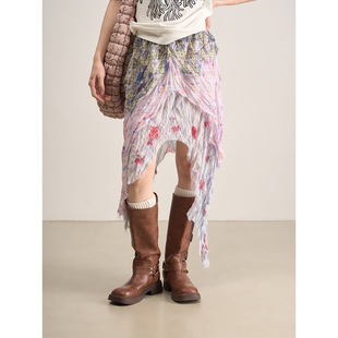 LANVIVIER 多层次拼接不规则印花半裙 流落街头艺术画家春日秋游