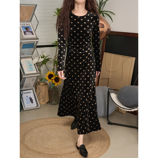 金色波点收腰系带丝绒长袖 影像 连衣裙 复古文艺经典 LANVIVIER