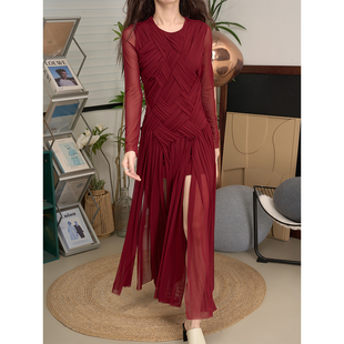 LANVIVIER 浪漫洒脱少女精致棋盘格编织流苏高开衩网纱连衣裙 法式