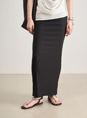 LANVIVIER 默片时代经典极简百搭款 松紧弹力高腰长款黑色半身裙