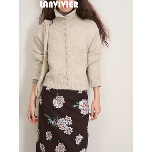 女新款 LANVIVIER 混色松软精致小珠扣立领小开衫 文艺 25秋冬 法式