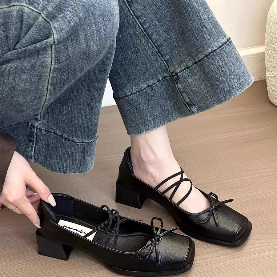羊皮法式单鞋女粗跟绝美蝴蝶结女