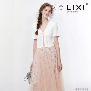 专柜同款短款针织开衫+小碎花雪纺网纱吊带连衣裙套装两件套裙