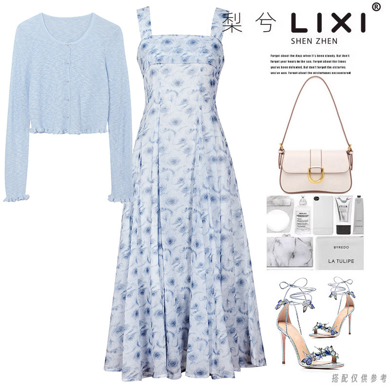 专柜同款早春新款柔软舒适长袖针织衫印花雪纺连衣裙两件套套装裙