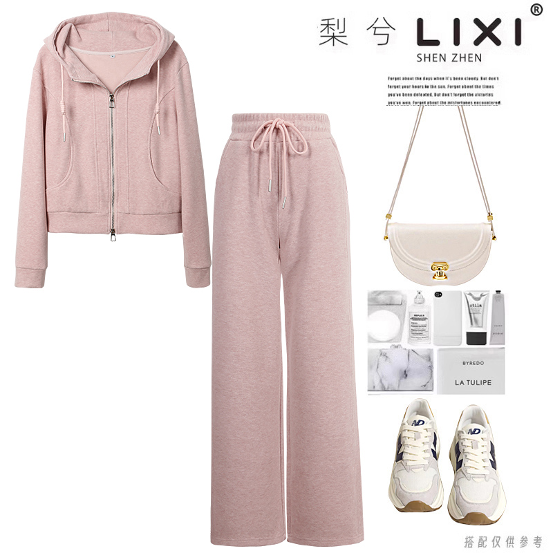 专柜同款冬季厚实连帽休闲卫衣阔腿长裤套装保暖百搭运动套装两件
