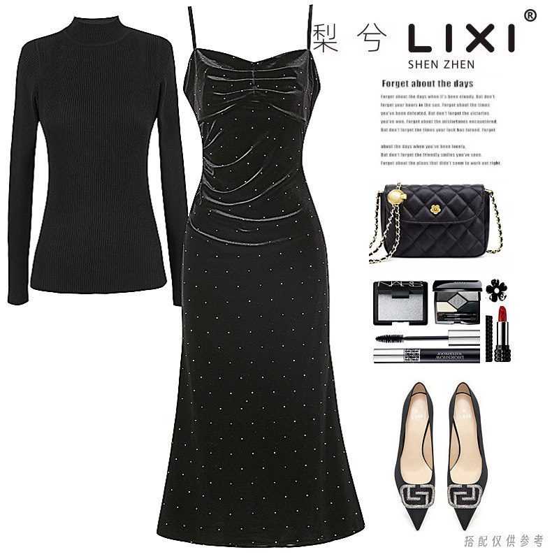 梨兮新款 显瘦黑色针织衫+复古精致水钻天鹅绒吊带连衣裙两件套装