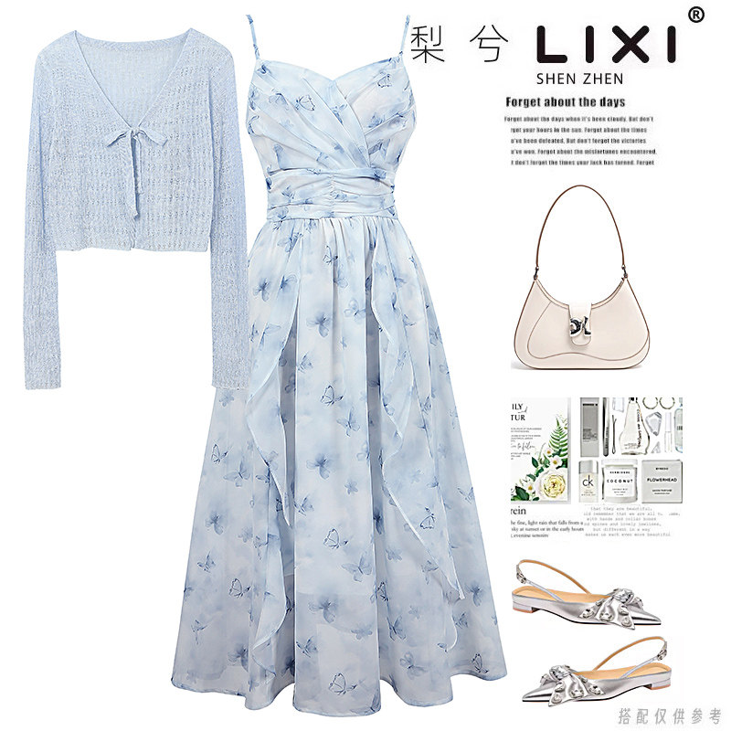 专柜同款柔软短款针织衫蝴蝶印花雪纺吊带连衣裙两件套套装裙子女