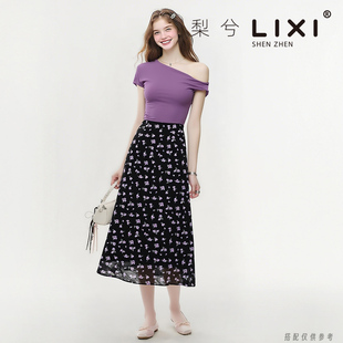 梨兮夏季新款斜肩短袖棉质上衣小碎花雪纺半身裙两件套时尚套装裙