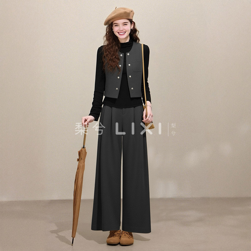 专柜同款黑色针织衫冬装厚款呢料背心毛呢长裤三件套冬季套装裤子