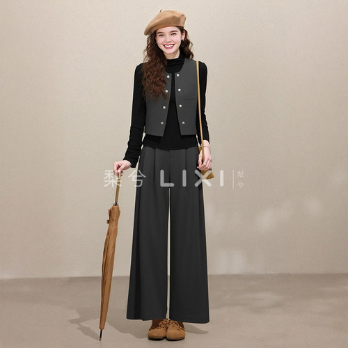 专柜同款黑色针织衫冬装厚款呢料背心毛呢长裤三件套冬季套装裤子