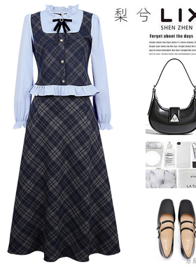 专柜同款秋冬款学院风长袖衬衣假两件上衣格子半身裙时尚套装裙女