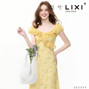 中长裙收腰遮肚 专柜同款 甜美荷叶边短袖 小碎花雪纺连衣裙夏季 薄款