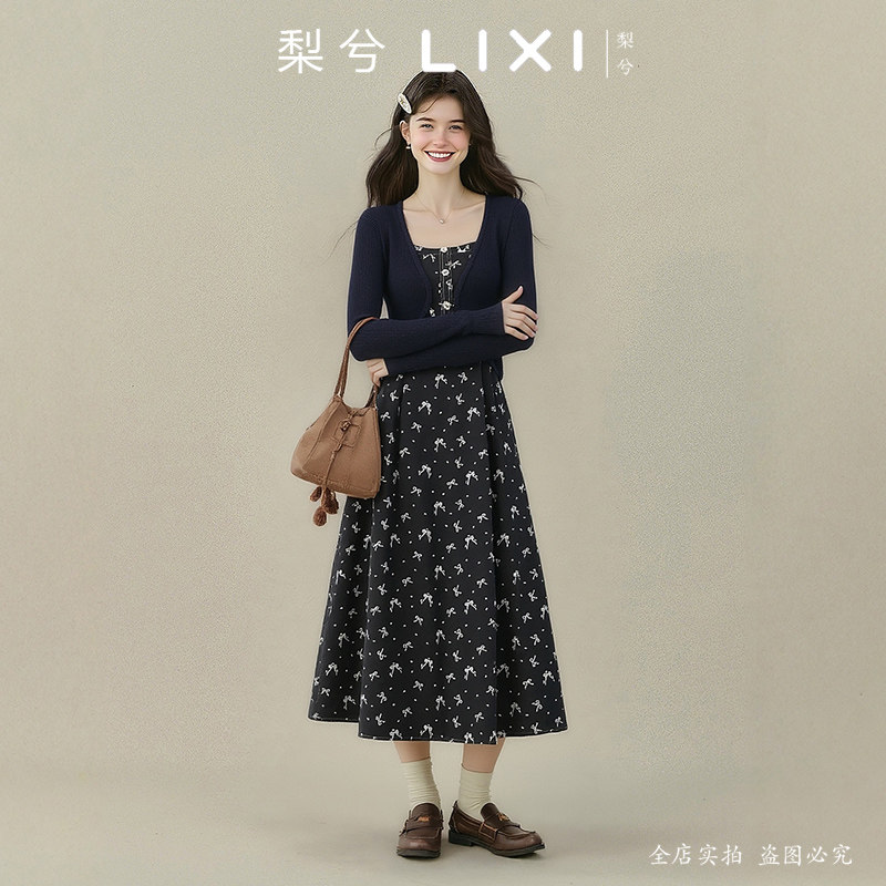 梨兮秋季新款短款针织衫复古印花吊带连衣裙套装显瘦中长裙两件套