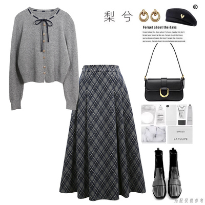 专柜同款冬款复古蝴蝶结长袖针织衫毛衣格子毛呢半身裙两件套套装