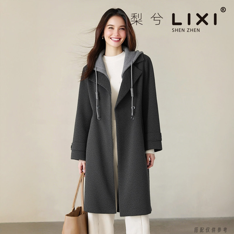 专柜同款冬新款高级感针织帽假两件羊毛呢大衣宽松中长款呢外套厚
