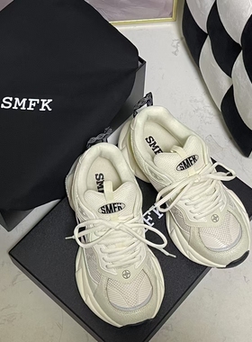 SMFK复古慢跑鞋24新款厚底老爹鞋女休闲鞋十字花运动鞋小白鞋