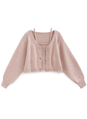 日本GRL爱心纽扣闪耀面料少女短款针织开衫两件套