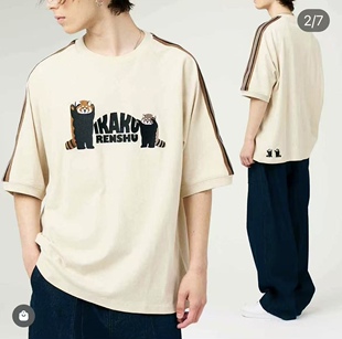 日本小潮牌小熊猫ikaku联名刺绣七分袖T恤男女同款情侣装