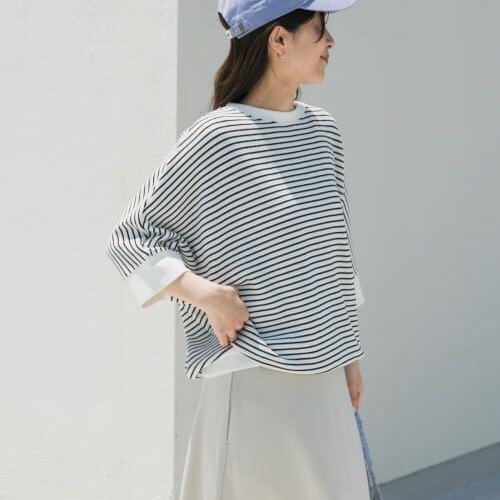 日本UR旗下高端doors蝙蝠袖条纹宽松圆领五分袖T恤中厚款针织透气