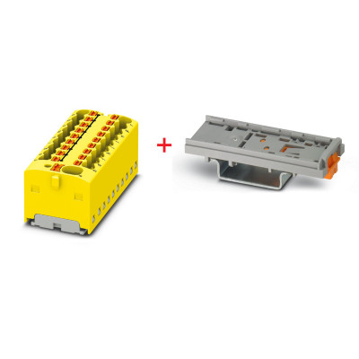 Verteilerblock-PTFIX 4/18X1,5-YE, Gelb+ Tragschienenadapter,