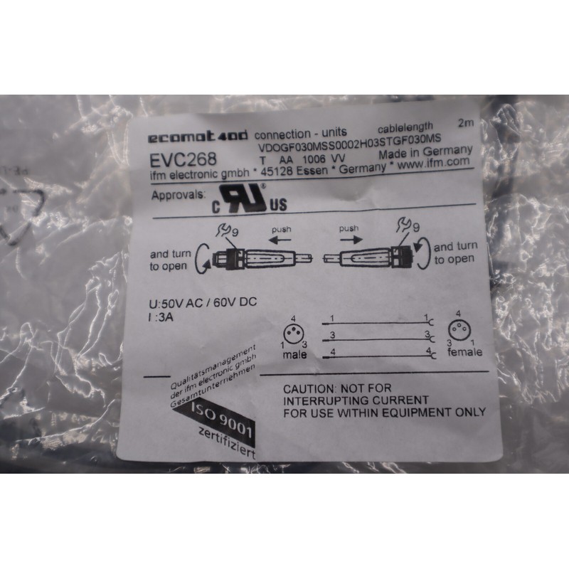 EVC268 IFM 电子接线直母头到公头 M8 2 米库存 K-3901