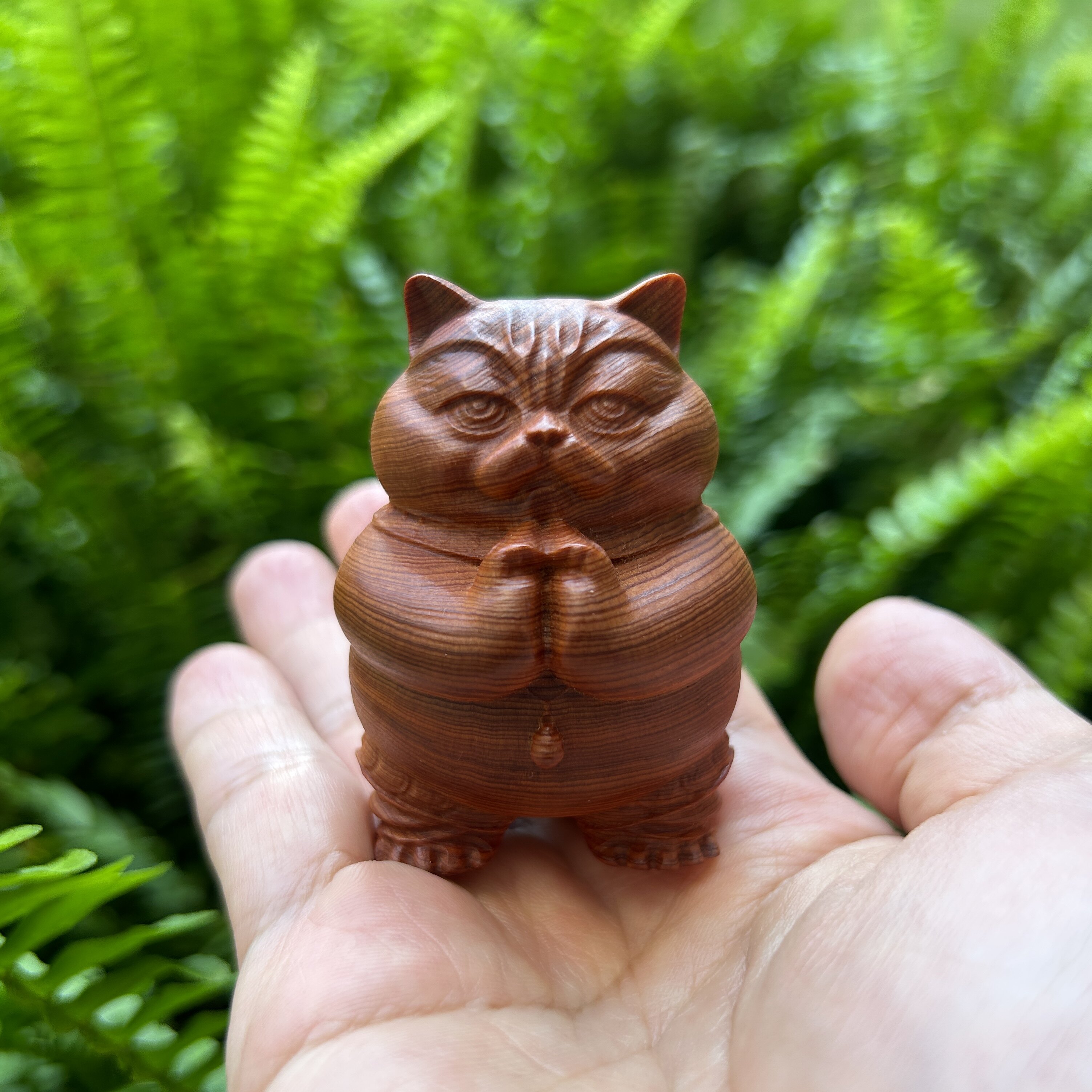 天然陈化老料崖柏木雕刻祈祷猫咪可爱小猫手把件创意文玩桌面摆件
