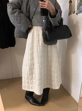 2025新款秋冬季韩系chic轻熟中长款a字花苞白色夹棉半身裙子女士