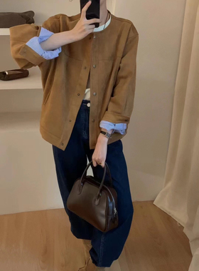 春装女2025年新款春秋季棕色美式小个子气质麂皮绒女士短外套上衣