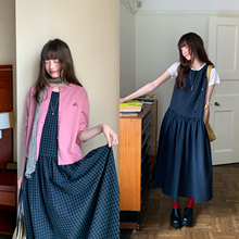 RAINY 格纹宽松斜门襟背心连衣裙春秋女无袖圆领百搭长款格子裙子