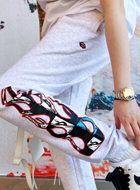 【CMOD】现货CH火焰涂鸦印花浅灰运动裤松紧休闲束口裤