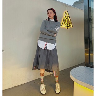 中灰色前短后长百褶长裙高腰半身裙气质学院风 CMOD