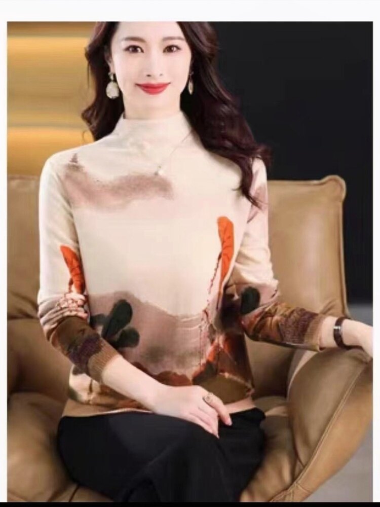 双鹿100%羊毛衫新春薄款女式半高领印花洋气针织毛衣内搭外穿女装