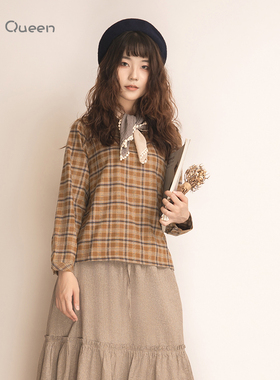 DoisQueen彩后台北小翻领格纹长袖上衣女文艺复古休闲慵懒风森系
