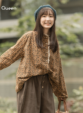 DoisQueen彩后台北长袖排扣碎花上衣女冬通勤慵懒风文艺复古乖萌