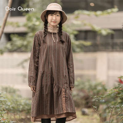 森女系A字裙棉格子长袖