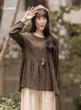 DoisQueen彩后台北格子上衣女长袖棉麻森系小个子文艺清新田园风