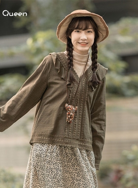 DoisQueen彩后台北v领上衣女纯色长袖绣花荷叶领文艺复古日系森女