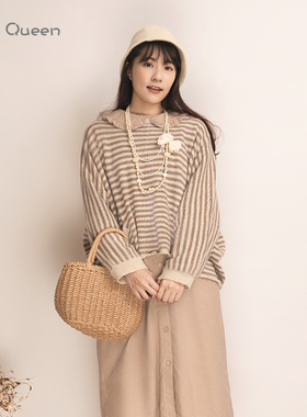 DoisQueen彩后台北双口袋后开岔条纹羊毛上衣女长袖日系复古百搭