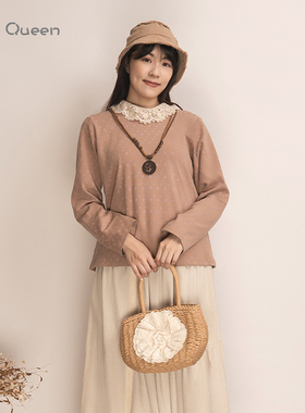 DoisQueen彩后台北刺绣花边长袖棉上衣女秋冬甜美日系清新森女