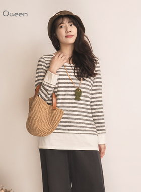 DoisQueen彩后台北圆领条纹纯棉长袖上衣夏薄设计感两件套小个子