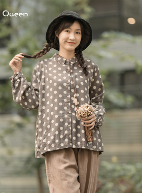DoisQueen彩后台北甜美长袖衬衫女波点上衣冬新款慵懒风文艺少女