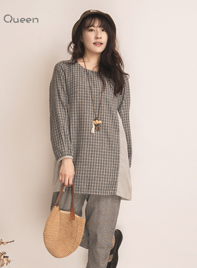 DoisQueen彩后台北圆领格纹拼接纯棉长袖上衣女休闲复古日系森女