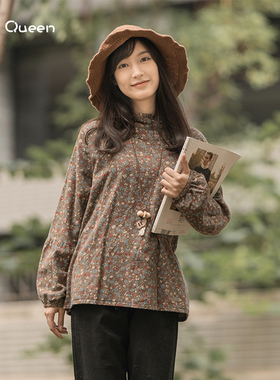 DoisQueen彩后台北长袖荷叶领上衣冬甜美文艺复古气质直筒洋气