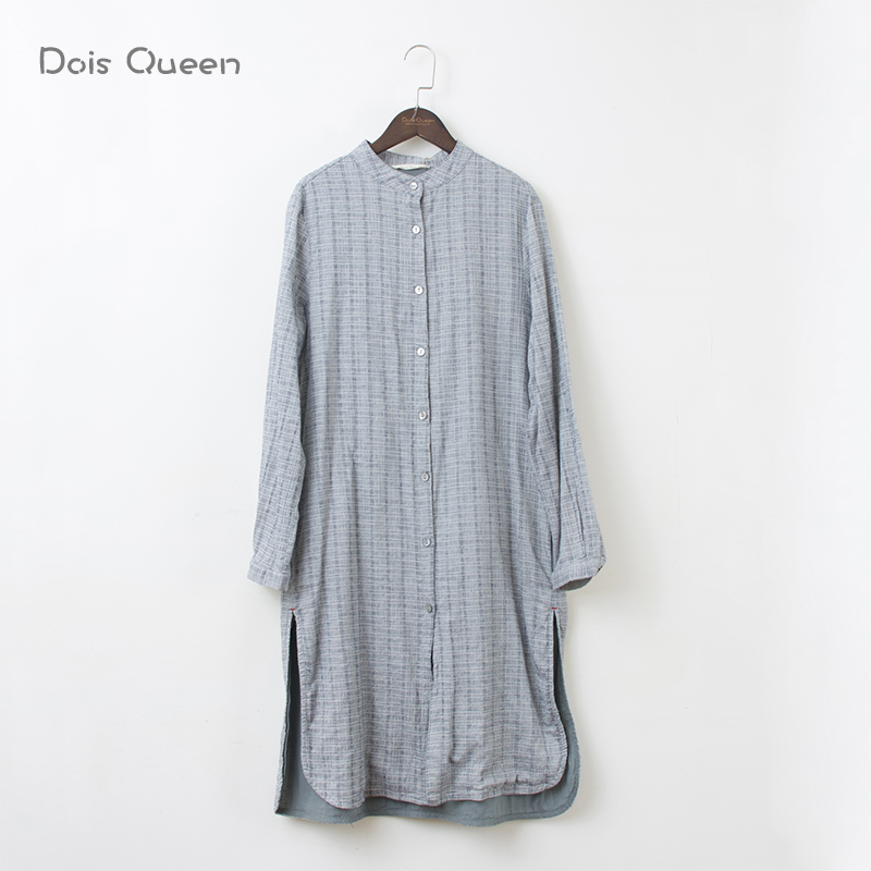 DoisQueen彩后台北立领长袖格子中长款棉麻衬衫连衣裙早春文艺
