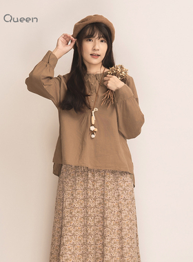 DoisQueen彩后台北刺绣荷叶领排扣棉麻长袖上衣女日系休闲小清新