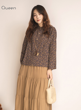 DoisQueen彩后台北印花排扣棉衬衫女长袖上衣日系复古文艺甜美